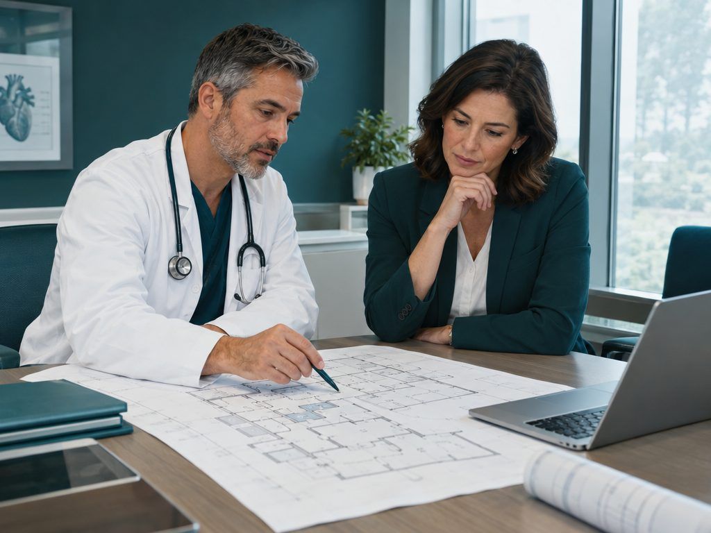 Physician reviewing a facility plan with a Pearl partner